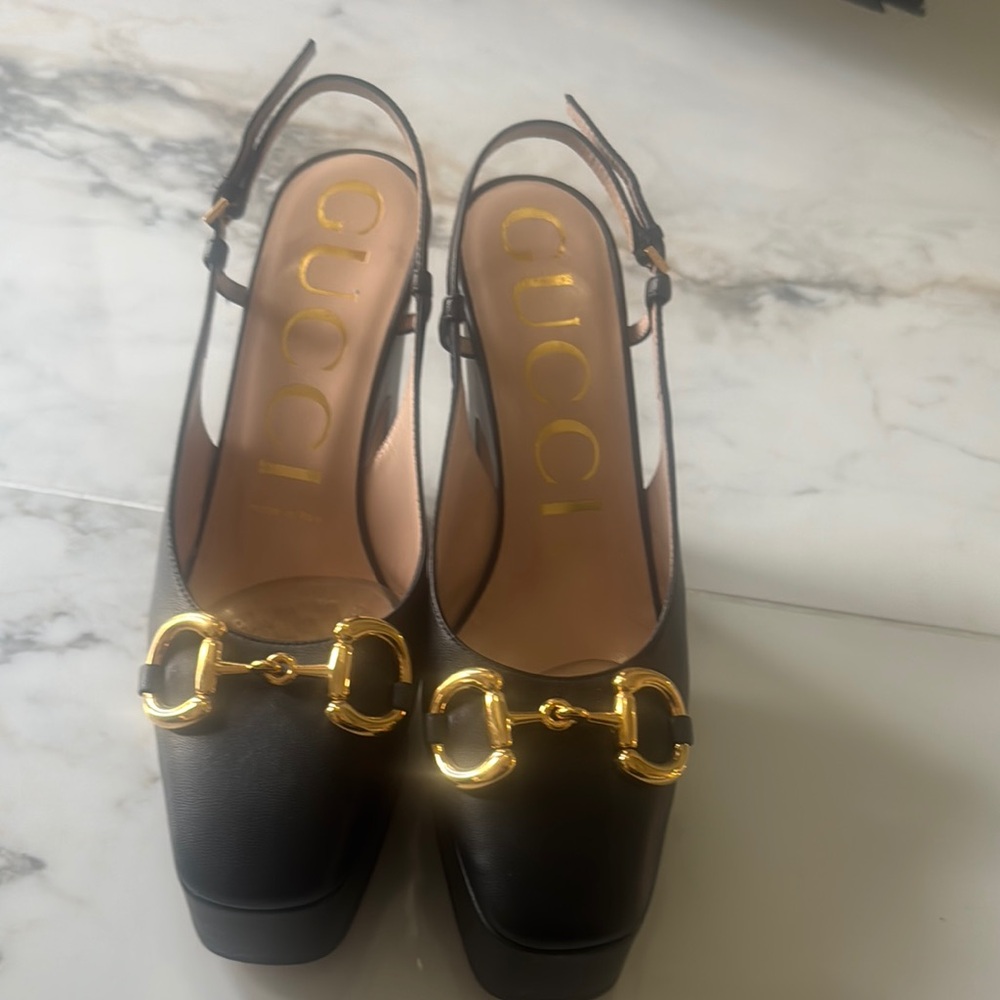 Gucci Women's Black Heels with Gold Detailing